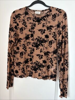 Taupe mesh long-sleeve floral velvet-print top